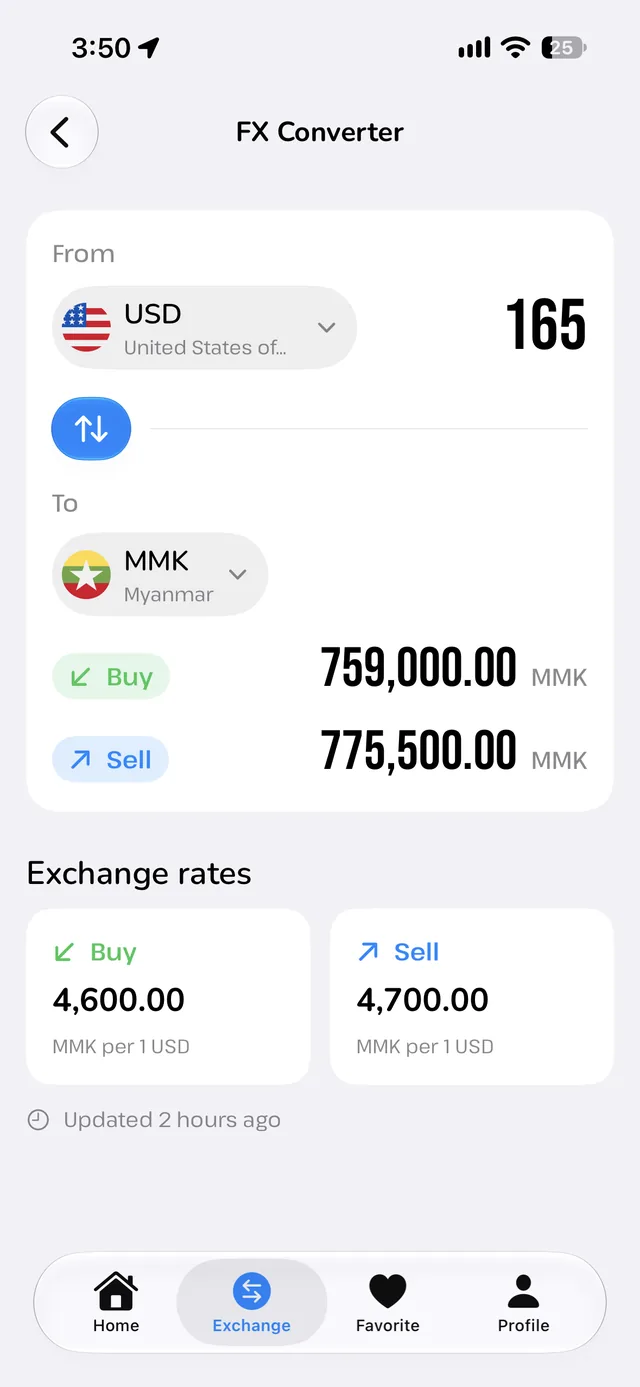 FX converter turning USD into MMK at buy and sell rates