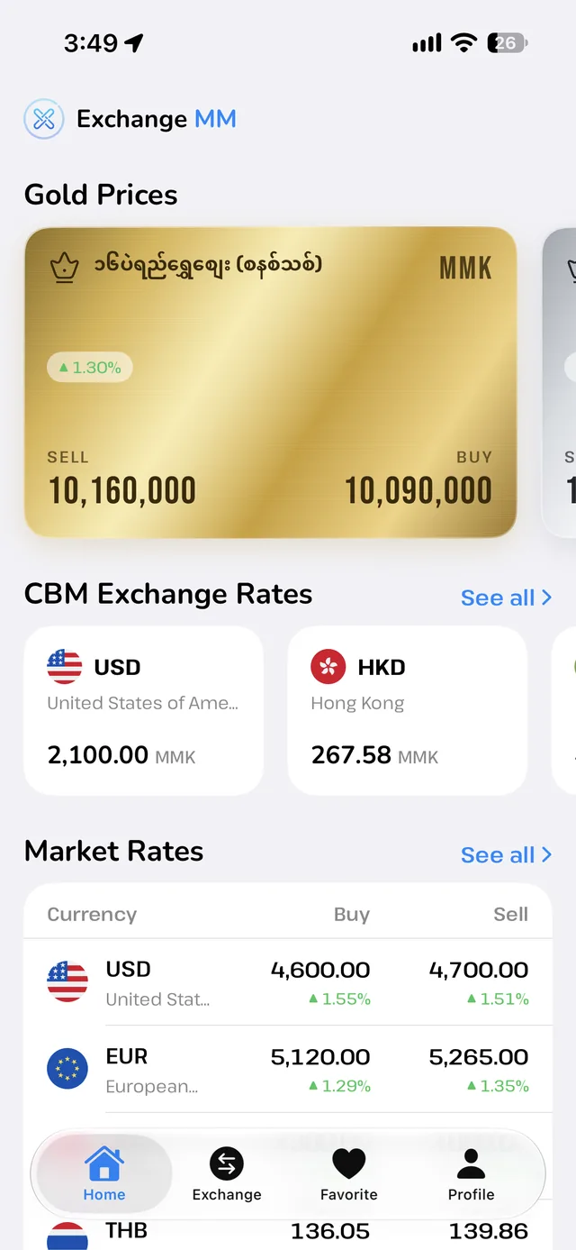 Exchange MM on iPhone showing today's gold price card